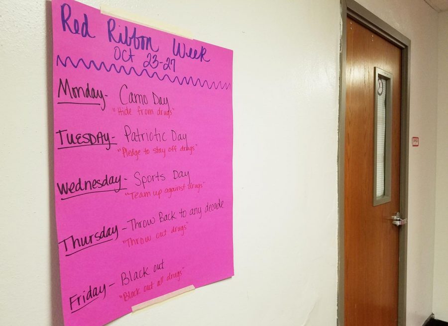 Red Ribbon week posters line the halls as the event approaches.