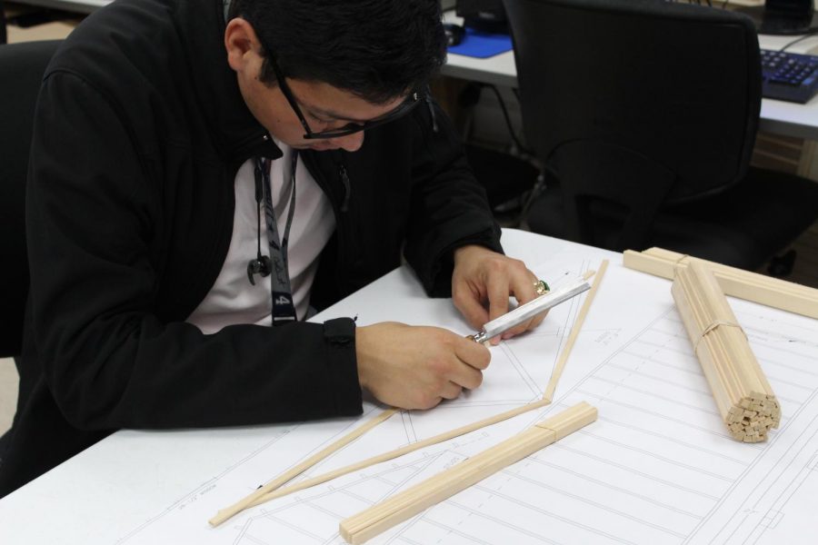 Junior Miguel Munoz takes the provided floor plan and wood to construct trusses for his group’s model house.