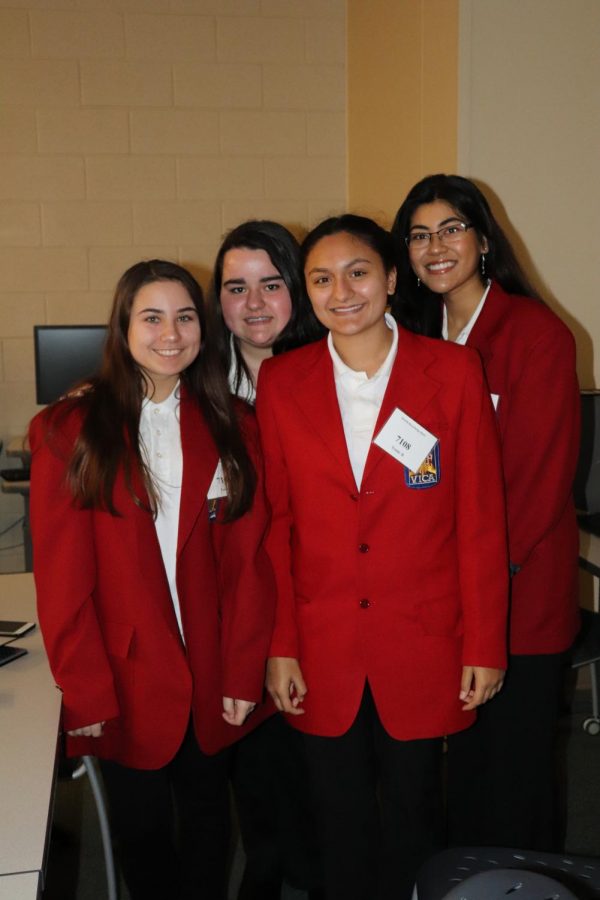 Moving on up • Juniors Alison Rashidi, Mackenna Watkins, Anushka Pradhan, and Sydney Chowdhury pose for a picture after getting first in state. 