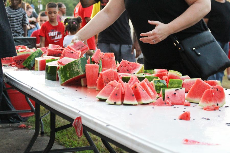 Watermelon is set out for Bulldog Fans at Watermelon Fest.