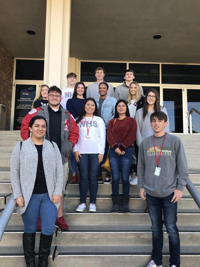 Senior NHS members Alex Czarniecki, Spencer Thompson, Carl White, Katherine Domogalla, Lauren Couch, Kaleigh Sammons, Katy Edens, Scott Silvey, Leticia Vallejo, Brandy Espinoza, Dayton McElyea, Daisy Salazar, and Jack Tyra get a quick picture before the competition.