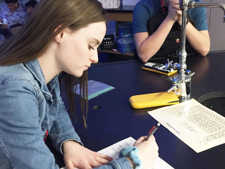 Sophomore Karlee Menges starts class with a review of the previous day. Photo by Madison Donovan.