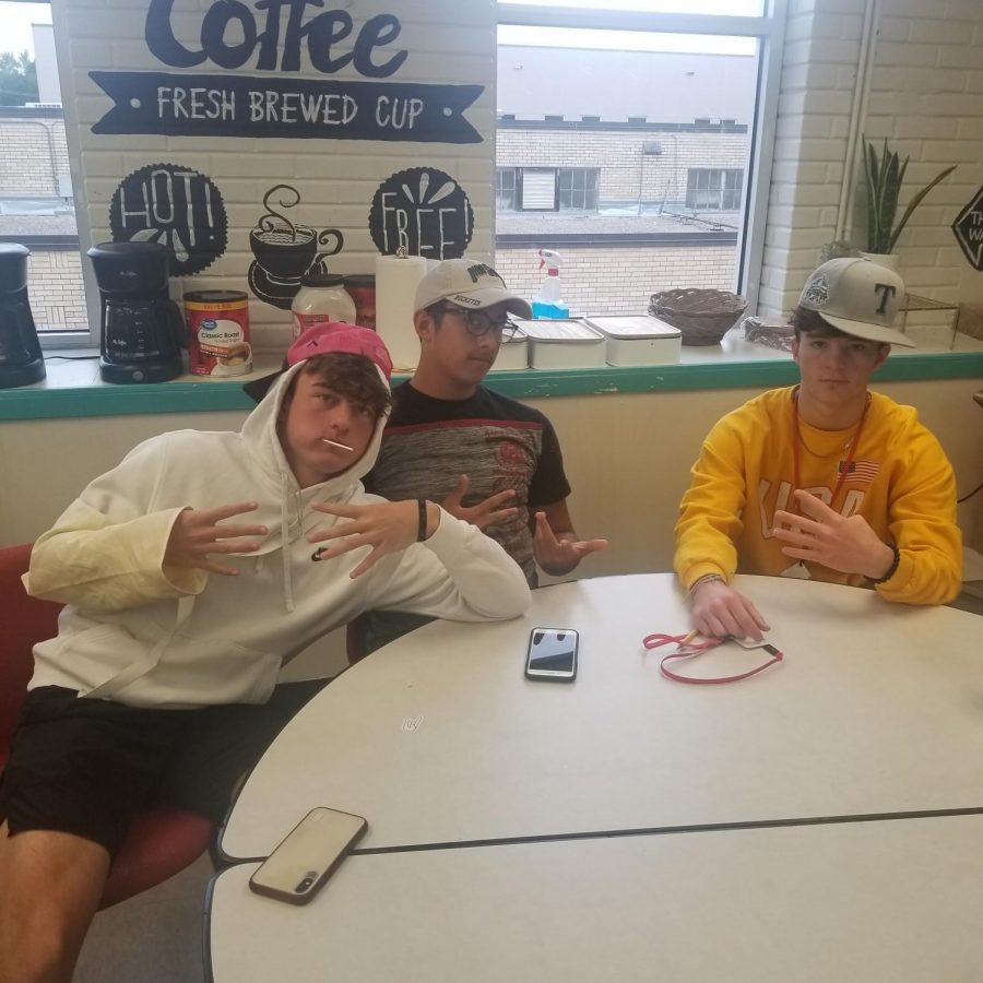 (left to right) Junior Jason Silvey, Freshman Chris Martinez, and Junior Rylan Copeland are looking cool for Hat Wednesday.