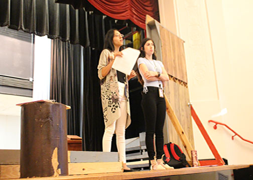 FHLA sponsors Veronica Cervantes and Monica Sanchez talk to students