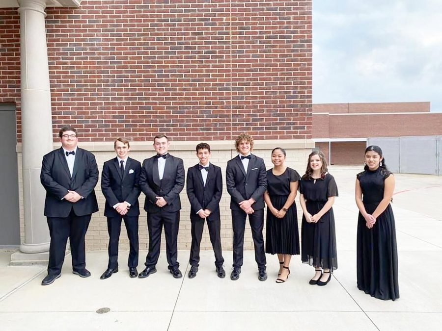 Almost show time • KHS All-Region students take a photo before their concert begins. Pictured is Zachary Witt, Kenneth Exline, Zachary Riggs, Axel Lira, Cason Cox, Shanna Casayuran, Kyleigh Lewis, and Lizett Garcia. Courtesy photo.