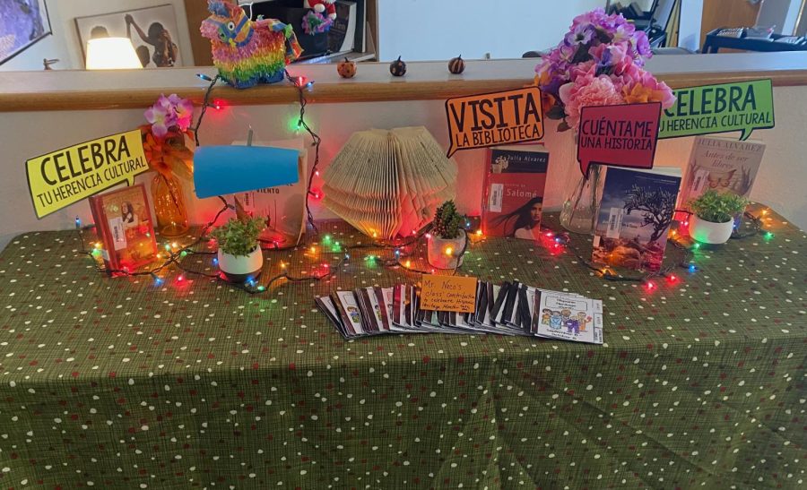 Decorated Hispanic Heritage Month table in the Library 