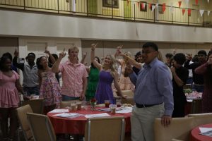 Seniors sing the Alma Mater at the Senior Breakfast.