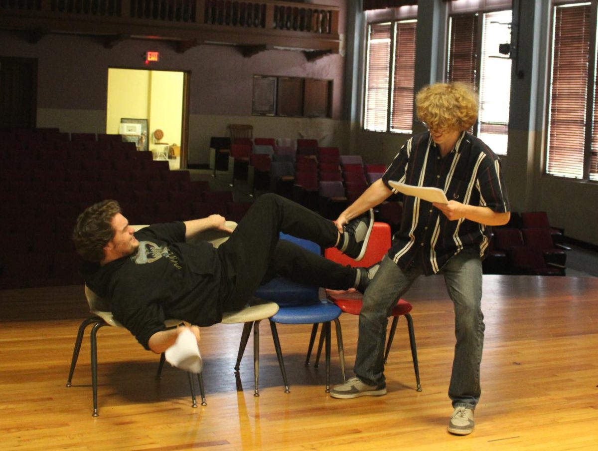 Seth Hardin and Dakota Martin rehearse a very active scene for their production of Zoo Story